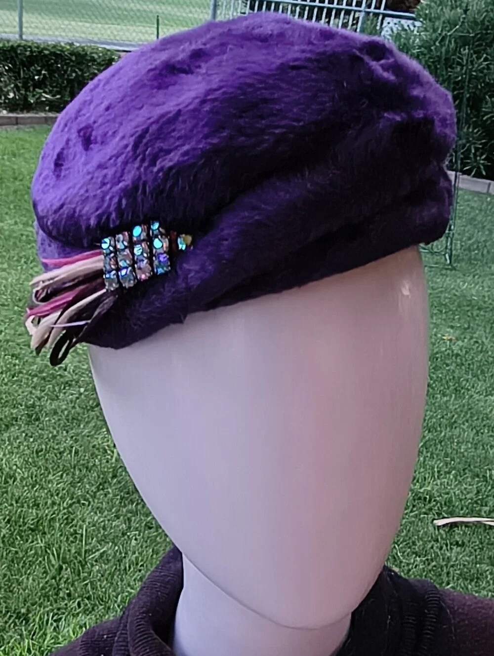Purple Plush Hat Feathers and Jewels By Clare, Duchess Made In Italy
